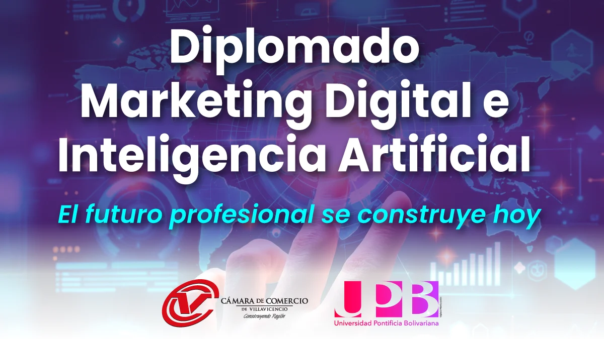Pieza del Diplomado Marketing Digital e Inteligencia Artificial · CCV y Universidad Pontificia Bolivariana